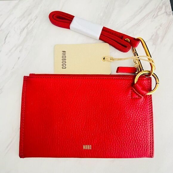 HOBO Tour Leather Zip Pouch Bag, Wristlet, with Lanyard, Red/Gold, NWT - Picture 9 of 15